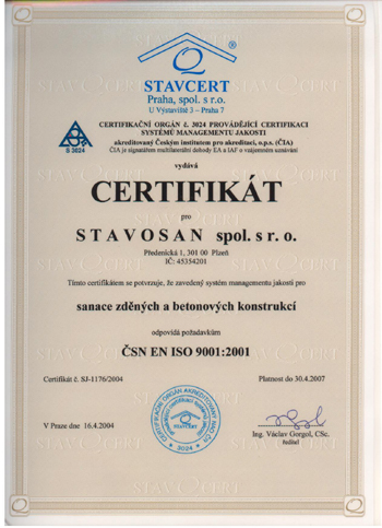 Certifikát pro provádění sanací zděných a betonových konstrukcí